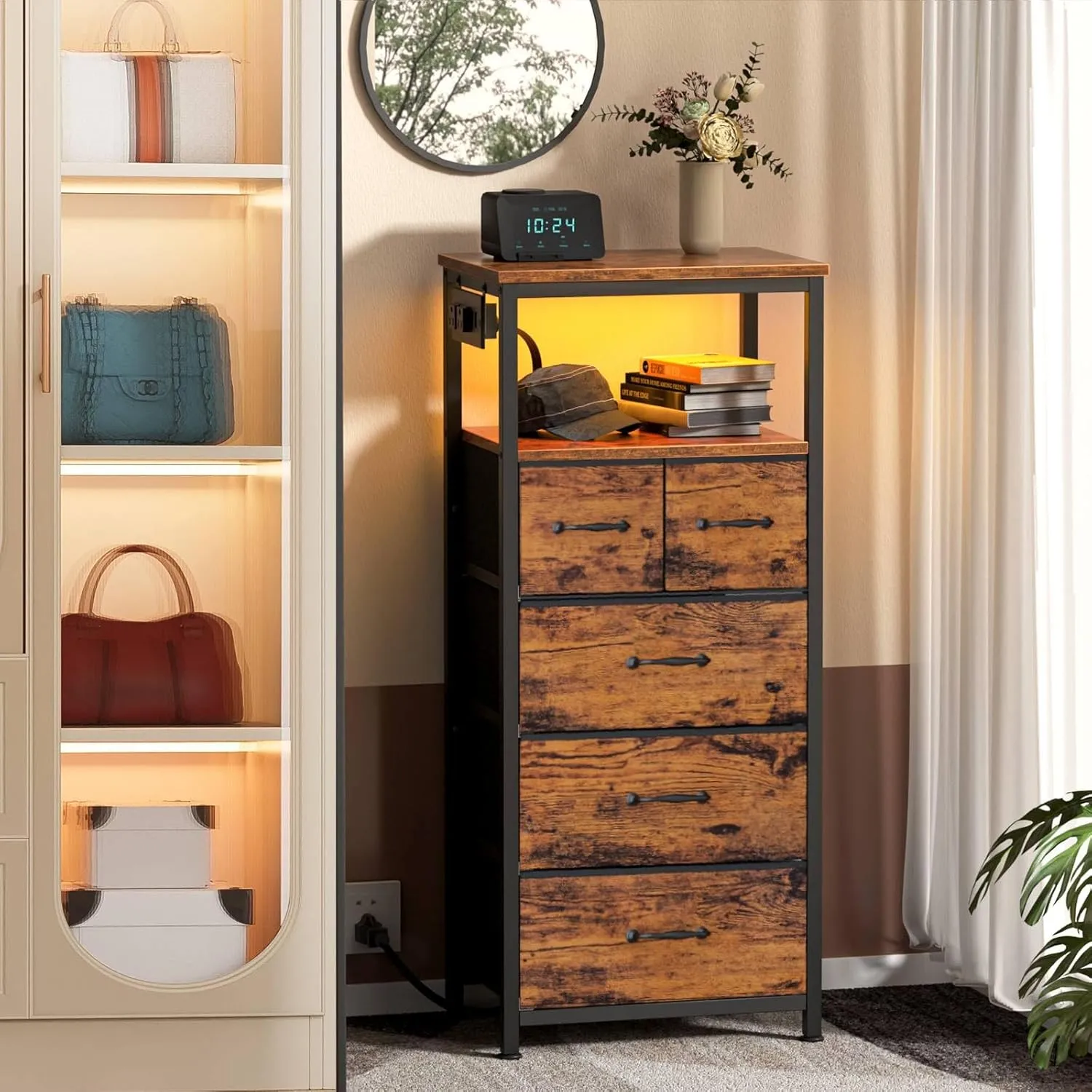 Furnulem Dresser for Bedroom, Tall Nightstand, Vertical Chest with Wood Top, Charging Station, LED Lights, 5 Fabric Bins, Bedside Table with Shelf, Furniture for Entryway (5 Drawer, Rustic Brown)