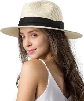 FURTALK Womens Mens Wide Brim Straw Panama Hat Fedora Summer Beach Sun Hat UPF Straw Hat for Women