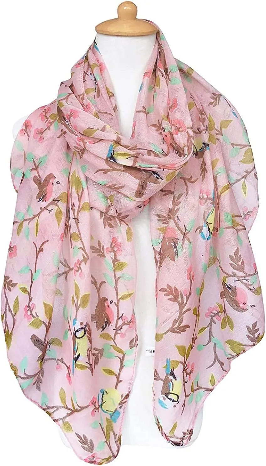 GERINLY Scarfs for Women Lightweight Floral Birds Print Cotton Scarves and Wraps for Summer Shawl