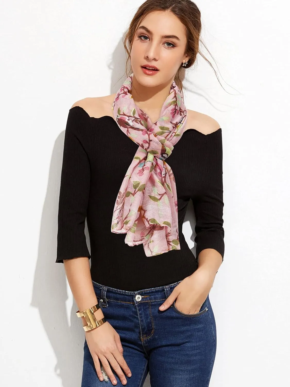 GERINLY Scarfs for Women Lightweight Floral Birds Print Cotton Scarves and Wraps for Summer Shawl