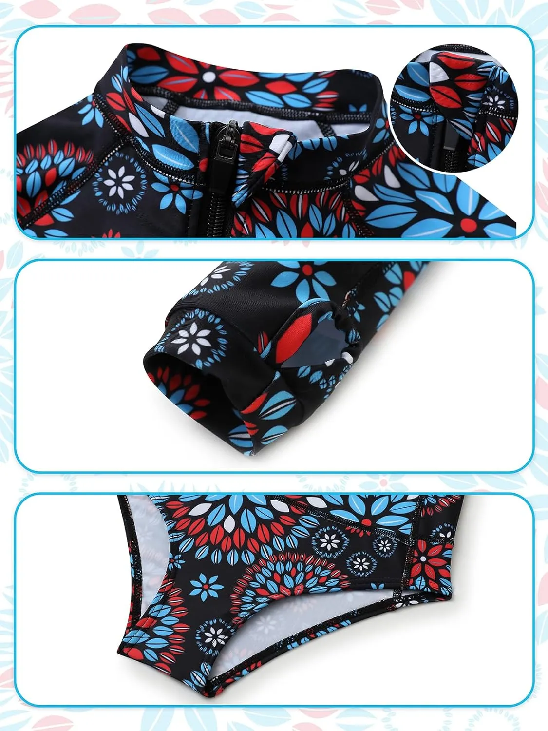 Girls Long Sleeve Rashguard Swimsuit UV Protection One-Piece Swimwear Bathing Suit