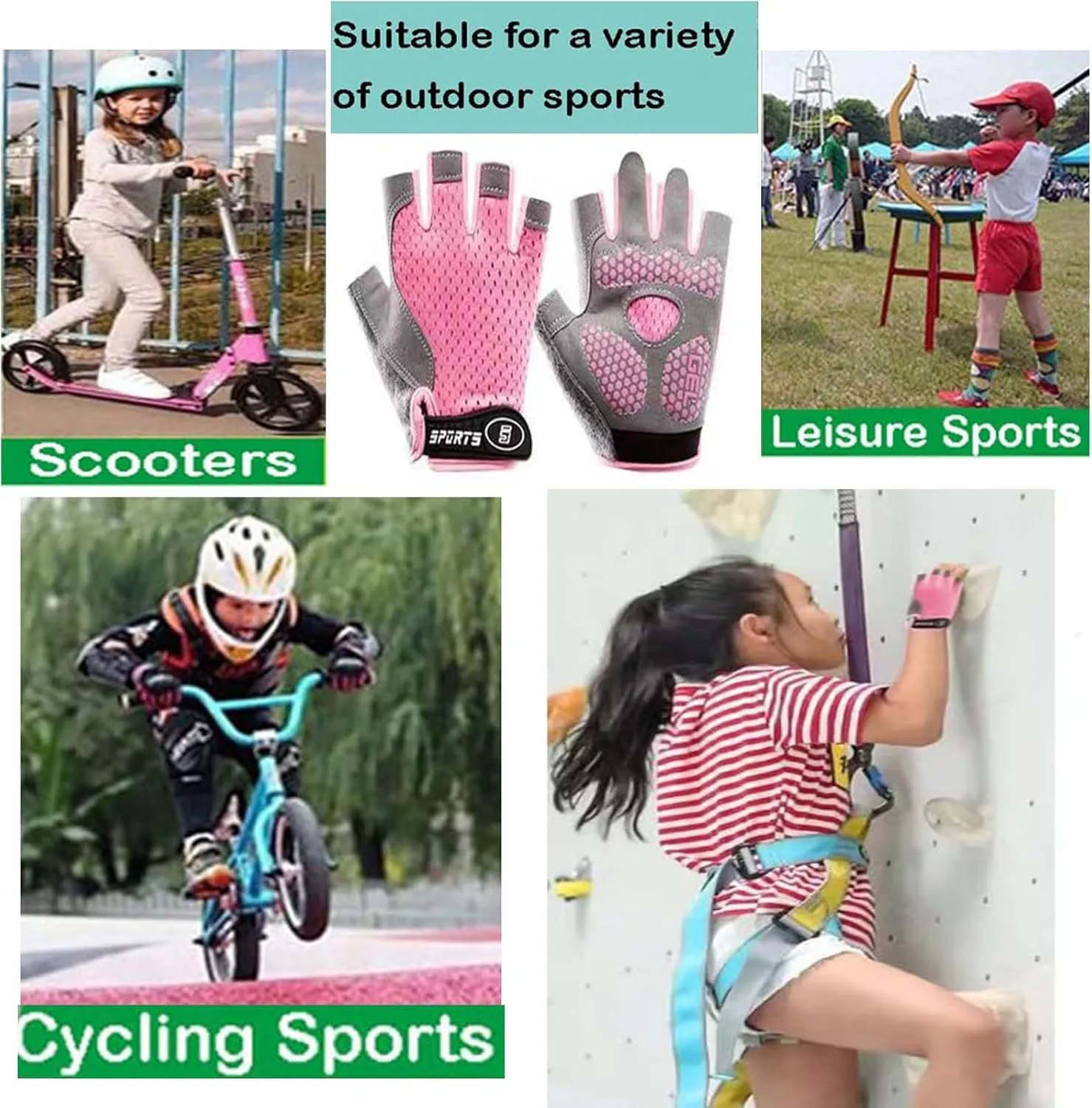 Half-Finger-Kids-Cycling-Gloves Non-Slip, Padded, Antislip, Fingerless Kids Bike Climbing Gloves for Girls and Boys Age 5~9