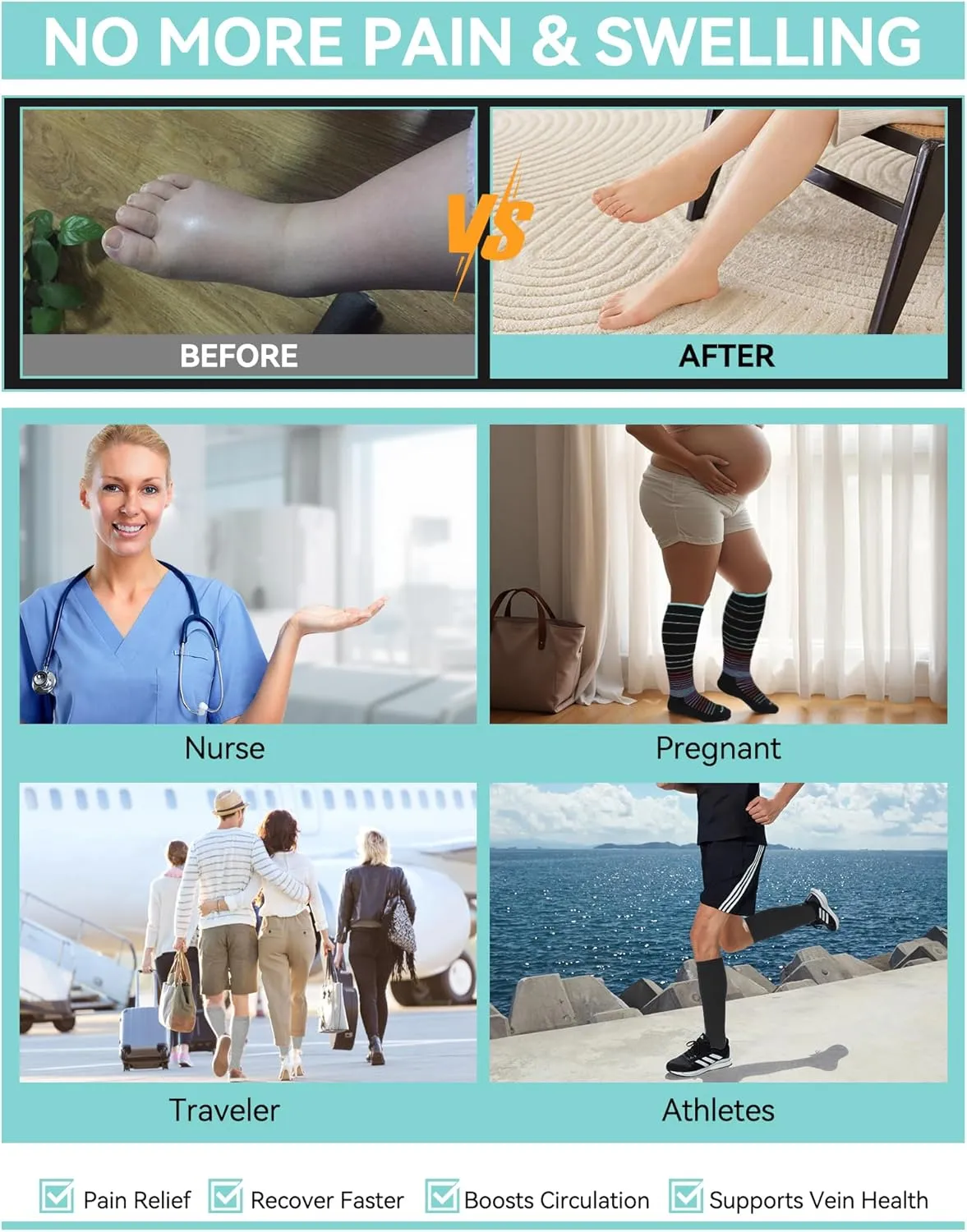 HAPIU Merino Wool Soft Compression Socks for Women & Men, 15-20 mmHg, Plus Size Knee High Stocking for Nurses, Pregnancy, Travel, Flight