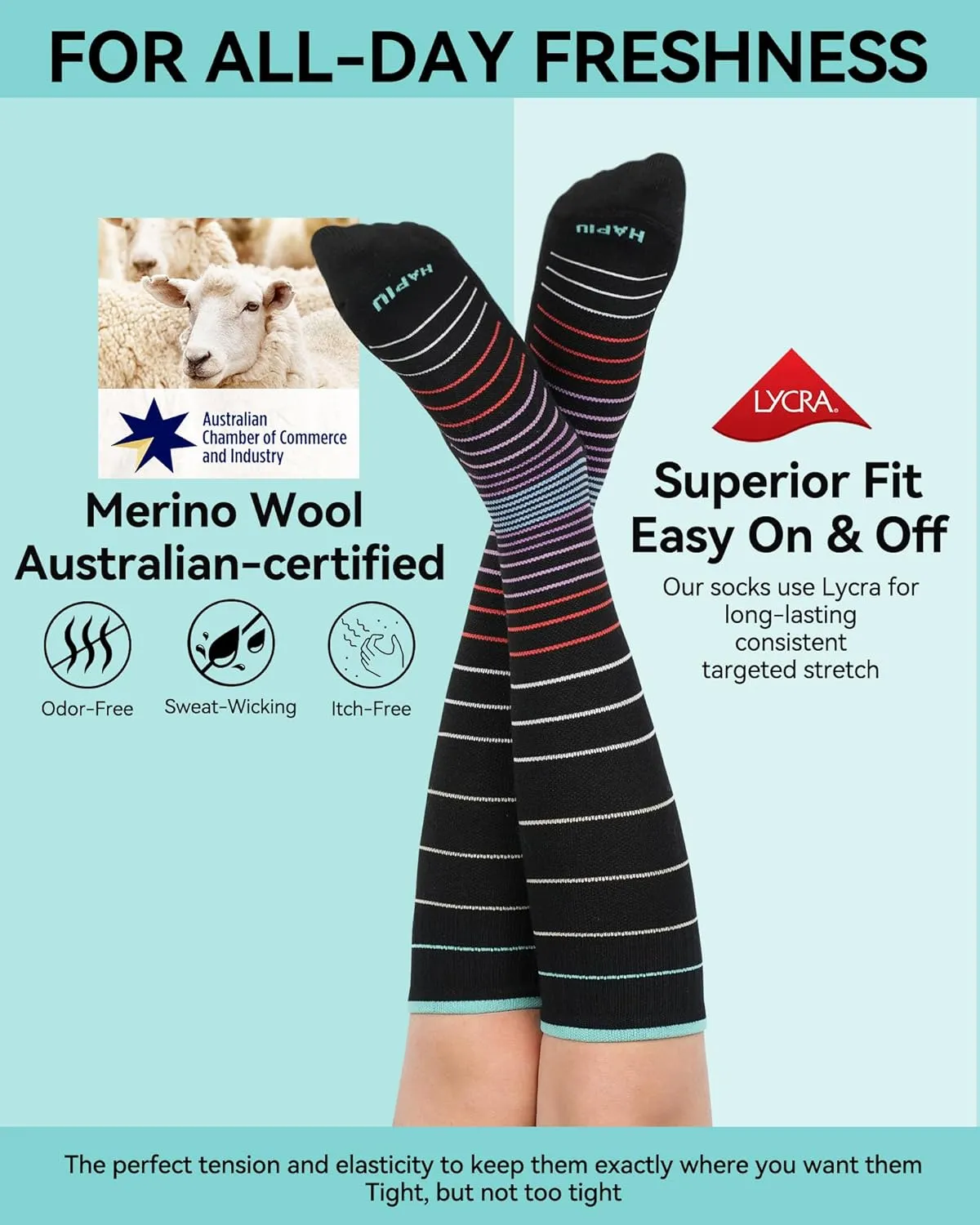 HAPIU Merino Wool Soft Compression Socks for Women & Men, 15-20 mmHg, Plus Size Knee High Stocking for Nurses, Pregnancy, Travel, Flight