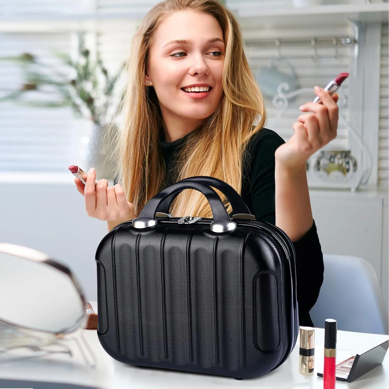 Hard Shell Vanity Cases with Elastic Band and Zipper, Portable Waterproof ABS Beauty Case, Cosmetic Case for Women Girl