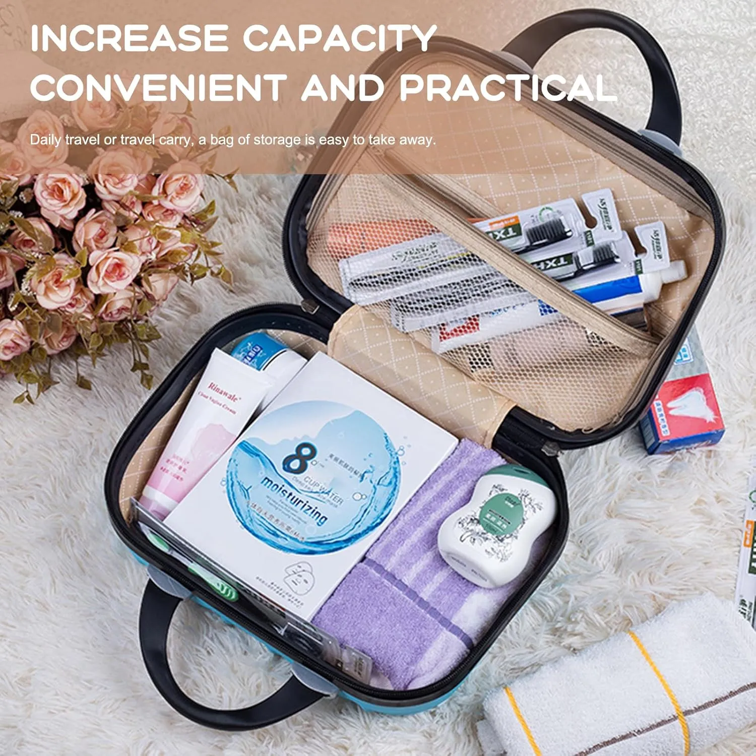 Hard Shell Vanity Cases with Elastic Band and Zipper, Portable Waterproof ABS Beauty Case, Cosmetic Case for Women Girl