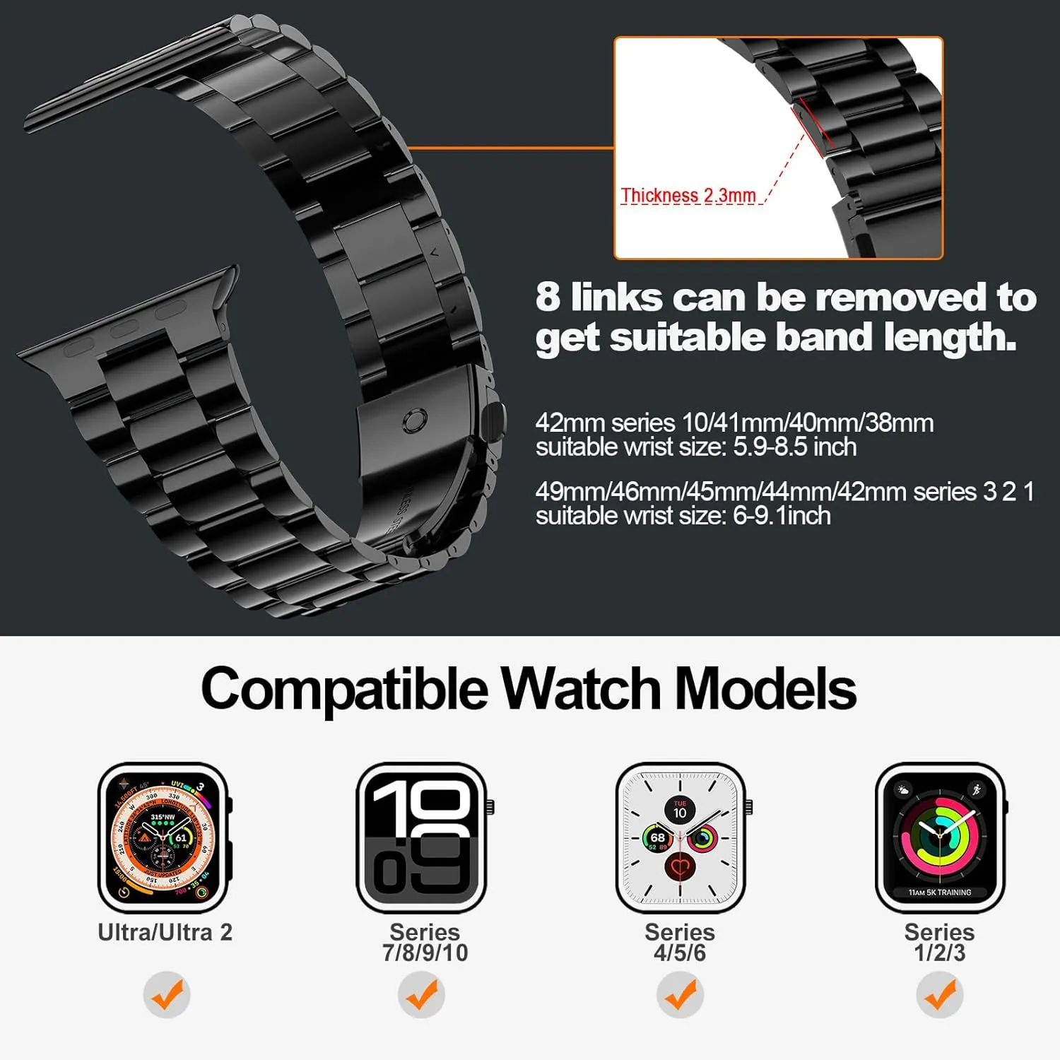 iiteeology Lightweight Stainless Steel Band Designed for Apple Watch Series 1-10, 42mm, 41mm, 40mm, 38mm,SE &SE2,Replacement iWatch Bands for Women, Jet Black