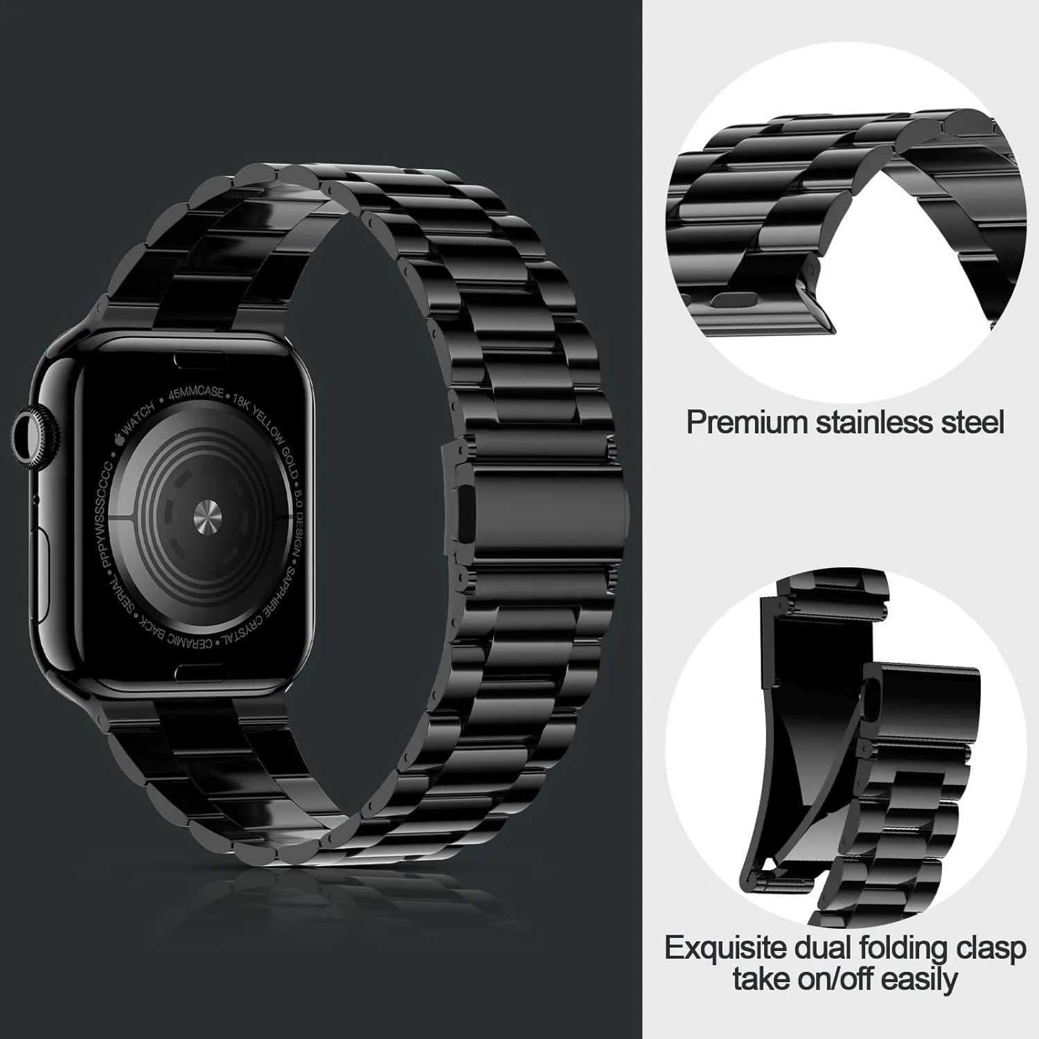 iiteeology Lightweight Stainless Steel Band Designed for Apple Watch Series 1-10, 42mm, 41mm, 40mm, 38mm,SE &SE2,Replacement iWatch Bands for Women, Jet Black