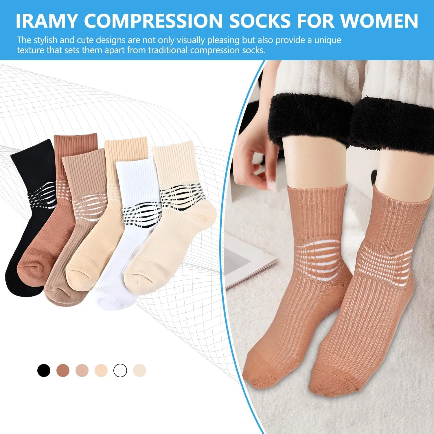 IRAMY Compression Socks Women Cute Crew Ankle Support Coolmax Wicking Casual Aesthetic Granola Girls Plantar Fasciitis Sock