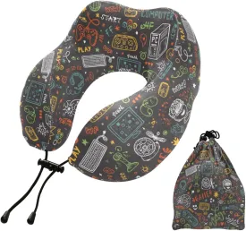 JIPONI Travel Pillow Computer Game Joystick Doodle Memory Foam Neck Pillow with Attachable Snap Strap for Traveling, Airplanes, Sleeping, Home, Office, Car