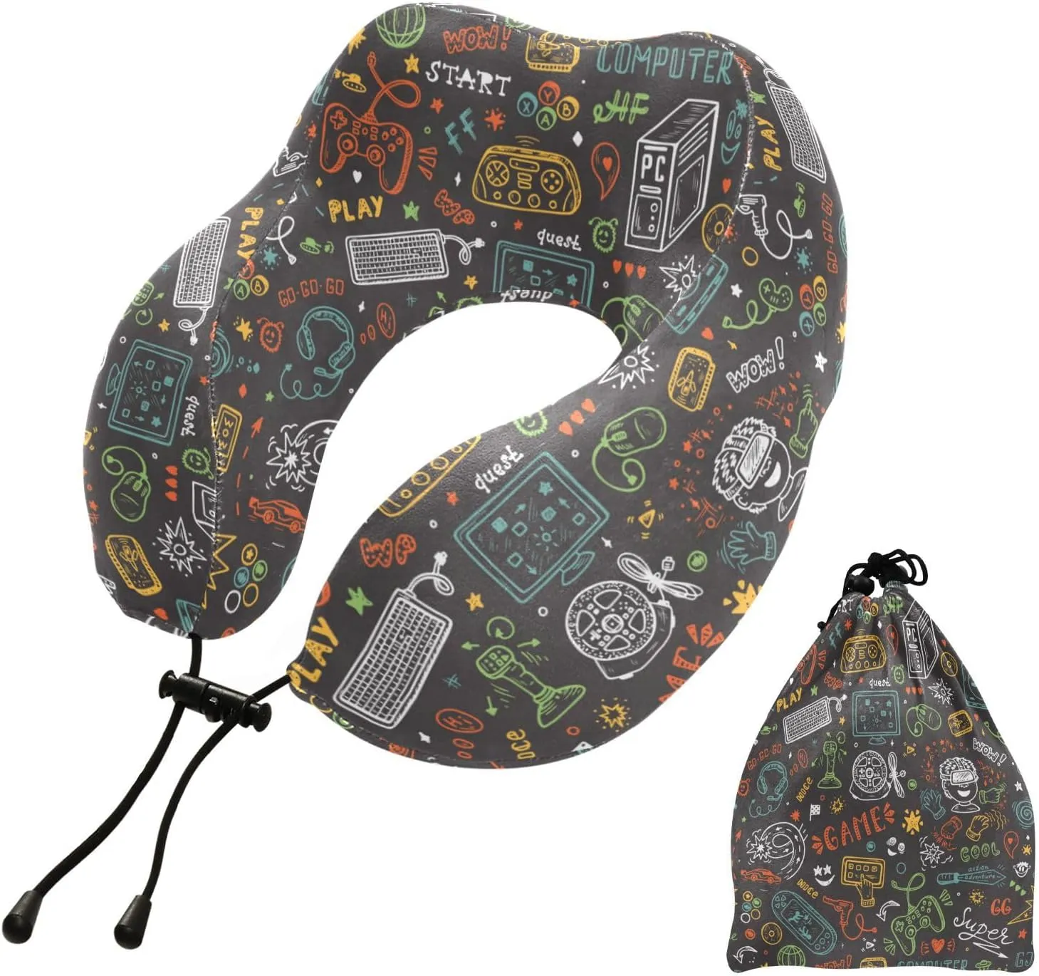 JIPONI Travel Pillow Computer Game Joystick Doodle Memory Foam Neck Pillow with Attachable Snap Strap for Traveling, Airplanes, Sleeping, Home, Office, Car