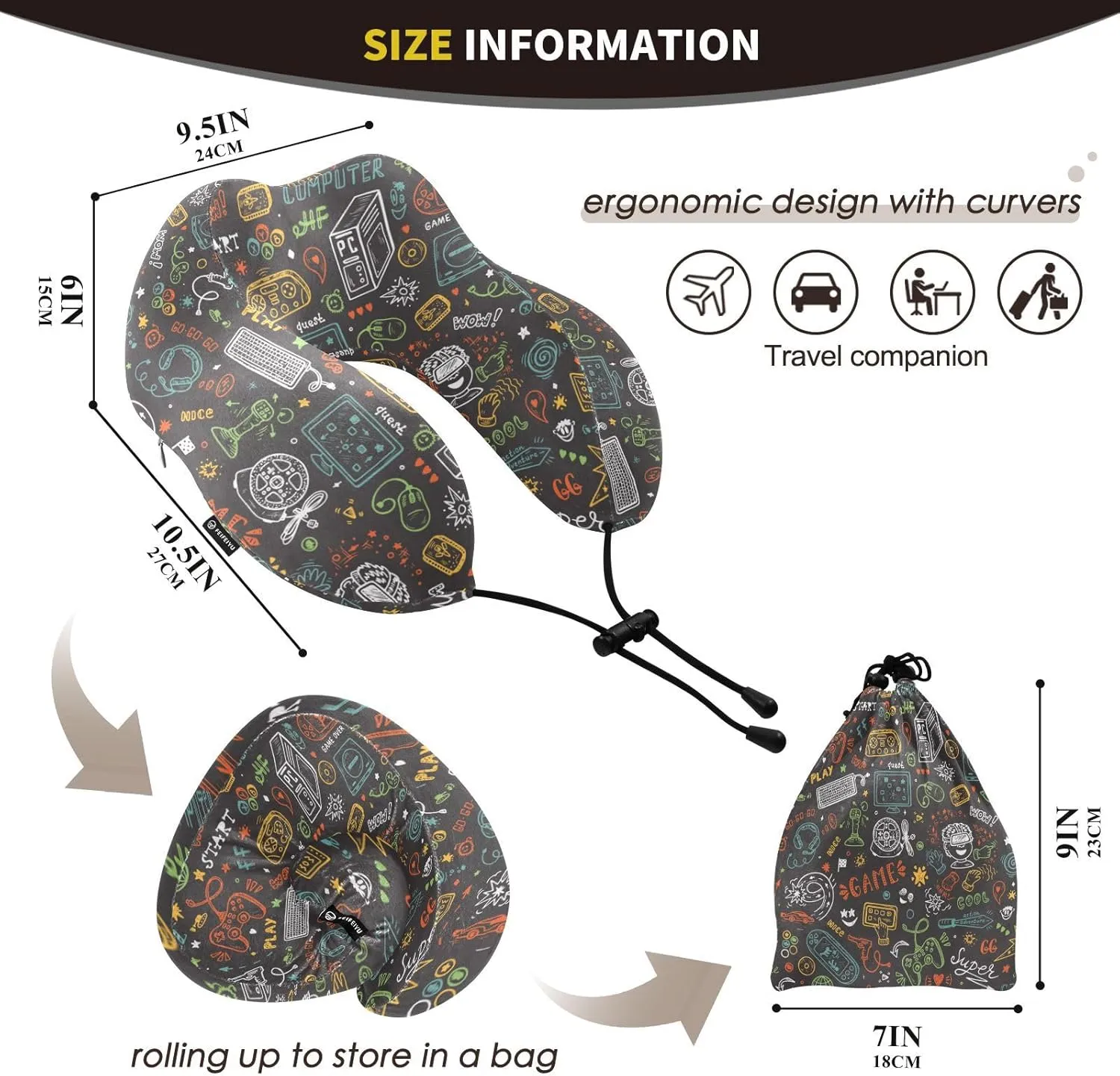 JIPONI Travel Pillow Computer Game Joystick Doodle Memory Foam Neck Pillow with Attachable Snap Strap for Traveling, Airplanes, Sleeping, Home, Office, Car