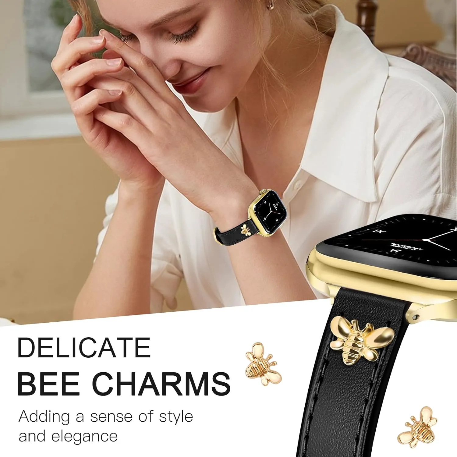 JR.DM Slim Leather Bands Compatible with Apple Watch Band 38mm 40mm 41mm 42mm 44mm 45mm 46mm 49mm, Top Genuine Leather Band with Charms, Feminine Design for Iwatch Ultra SE Series 10 9 8 7 6 5 4 3 2 1