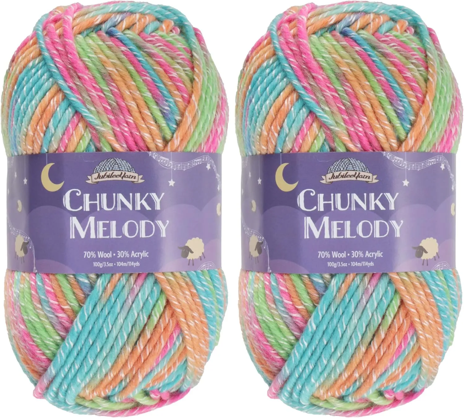 JubileeYarn Chunky Melody Yarn - 100g/Skein Bulky Wool Blend - Rainbow Sherbet - 2 Skeins