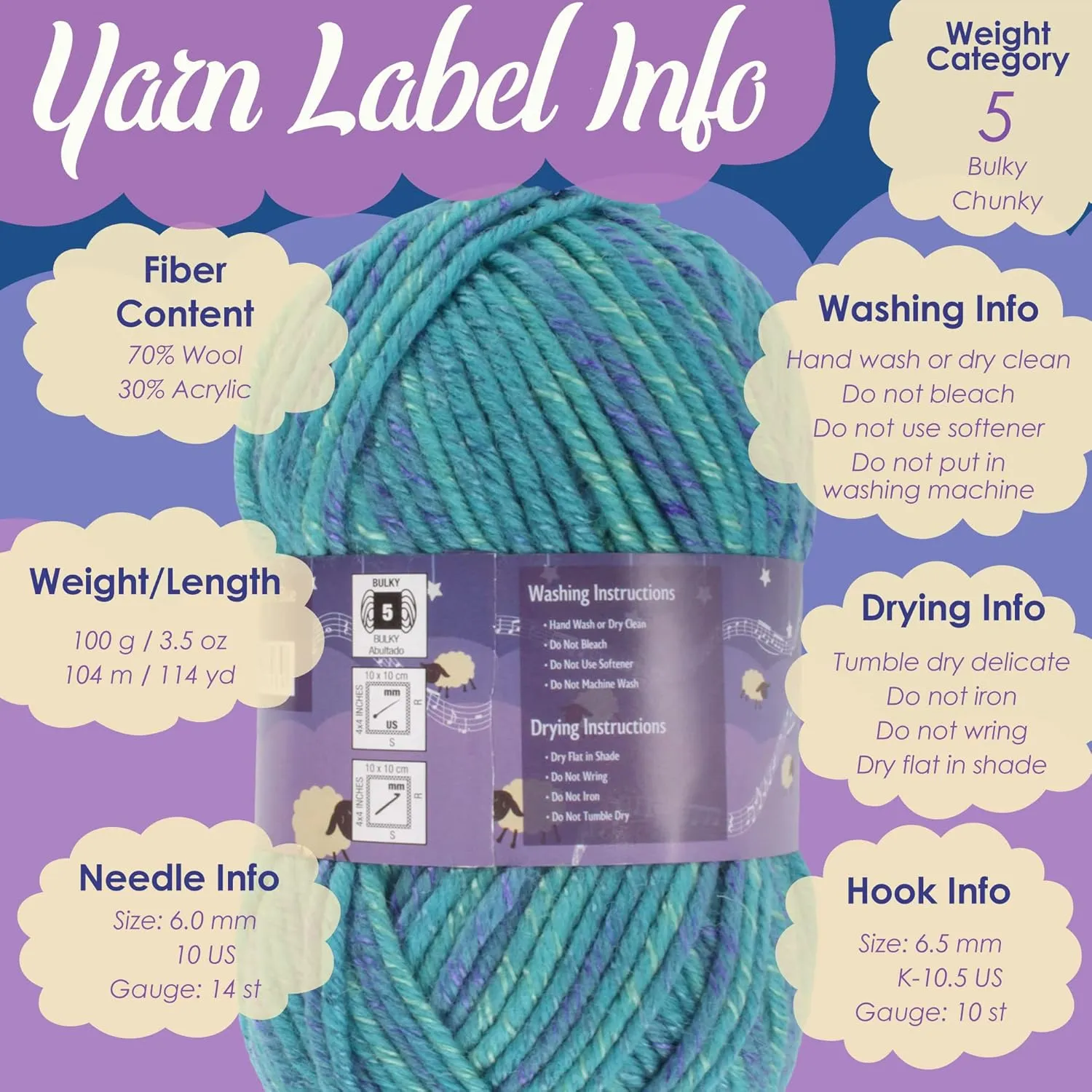 JubileeYarn Chunky Melody Yarn - 100g/Skein Bulky Wool Blend - Rainbow Sherbet - 2 Skeins
