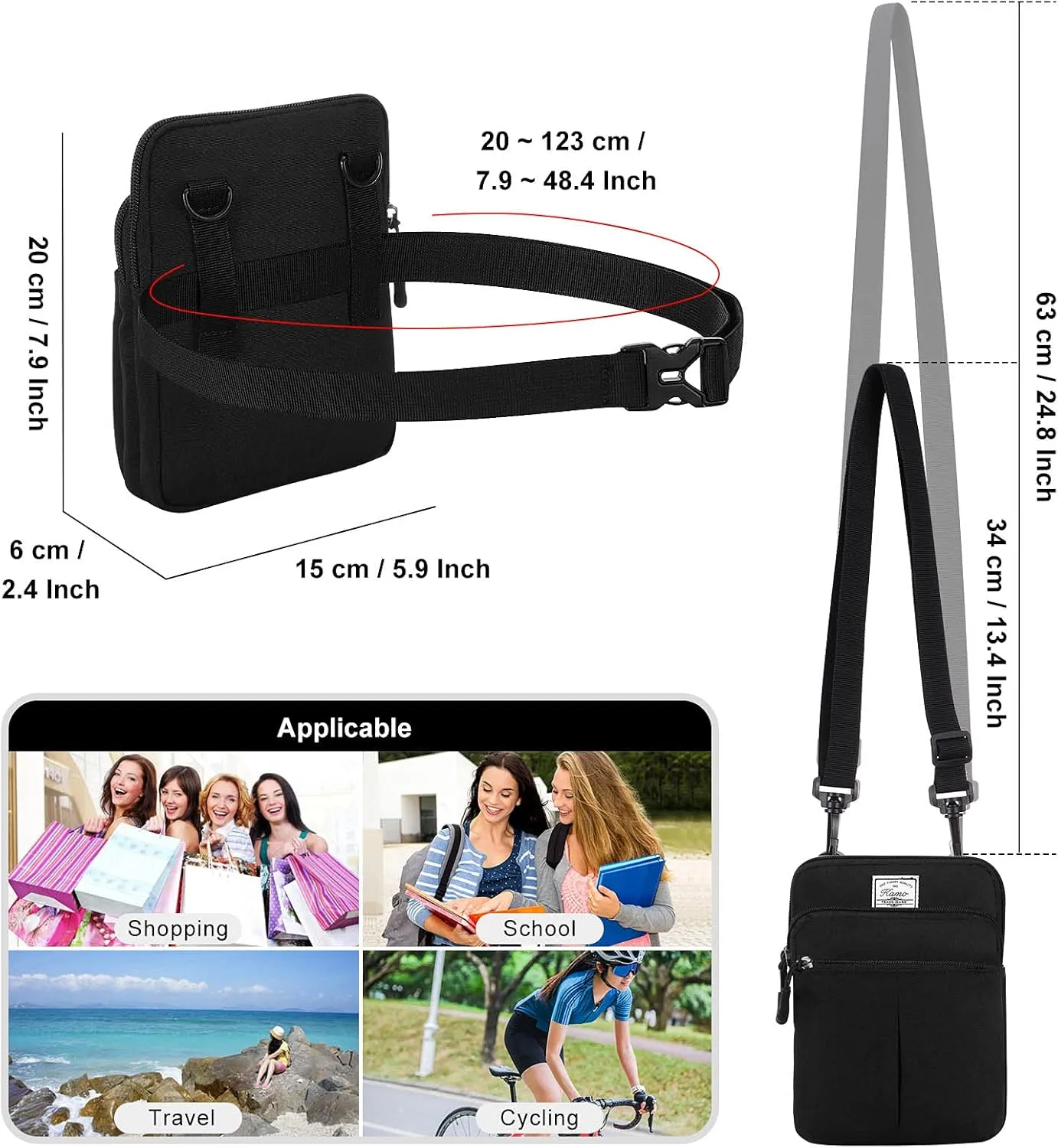 KAMO Multifunction Phone Waist Bag - Diagonal Cross Body Smart Phone Case Outdoor Bag with Triple Zip for Women & Men