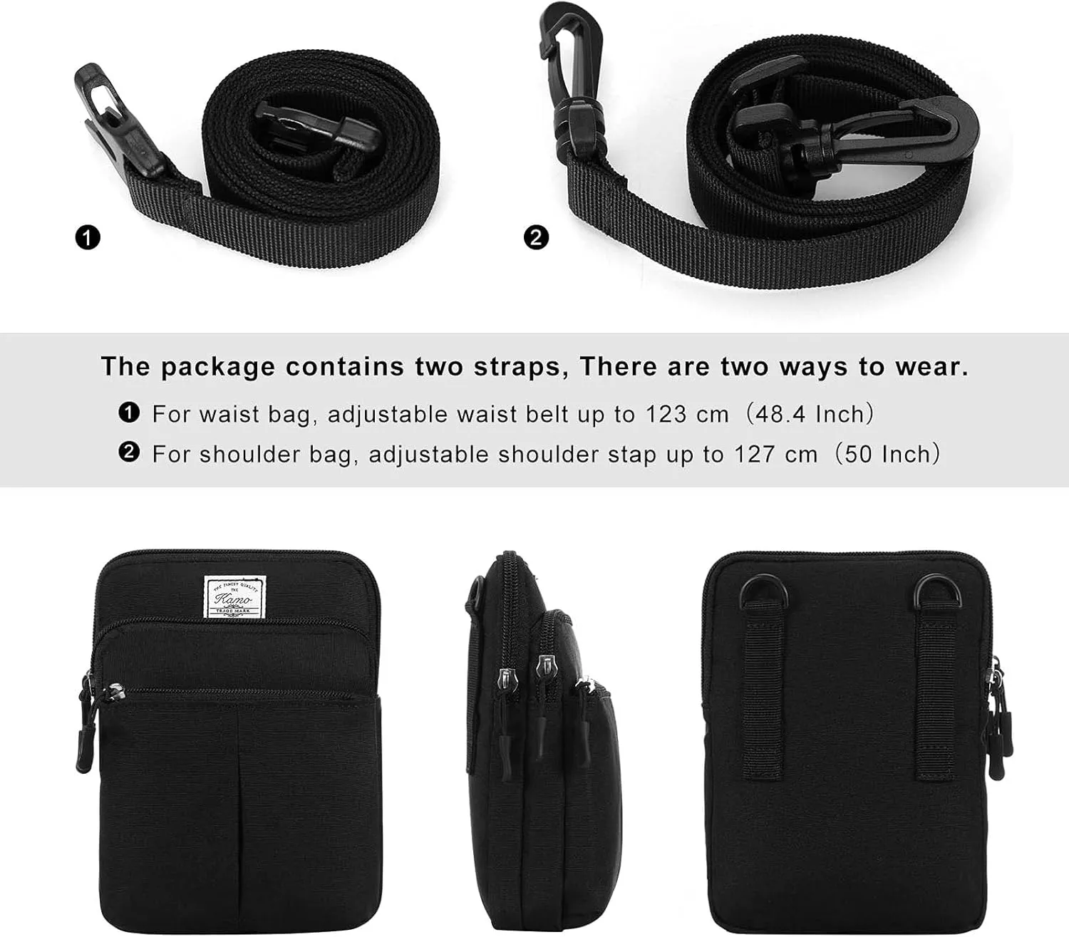 KAMO Multifunction Phone Waist Bag - Diagonal Cross Body Smart Phone Case Outdoor Bag with Triple Zip for Women & Men