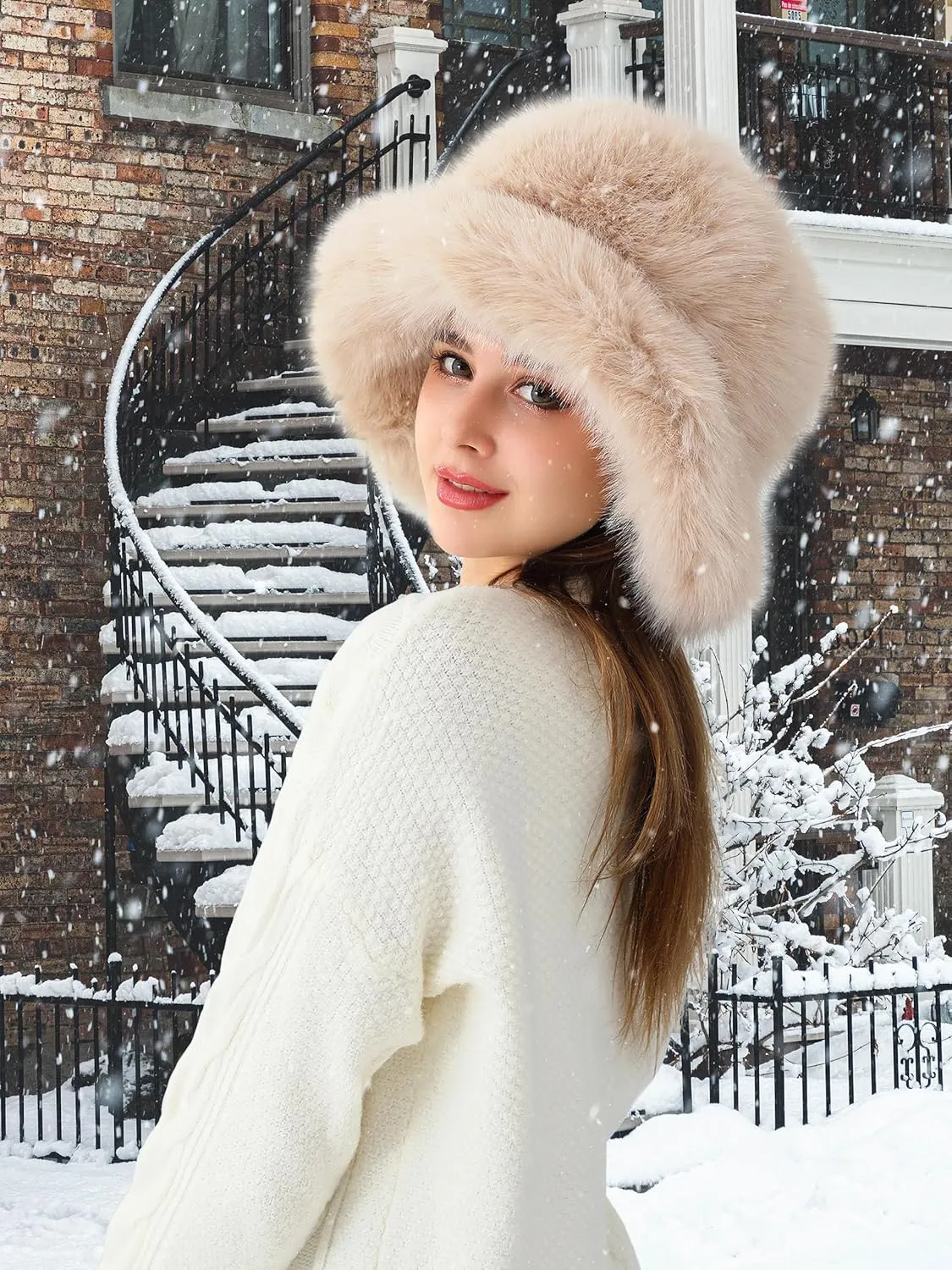 LA CARRIE Women's Fuzzy Wide Brim Faux Fur Bucket Hat Winter Warmer Fisherman Cap