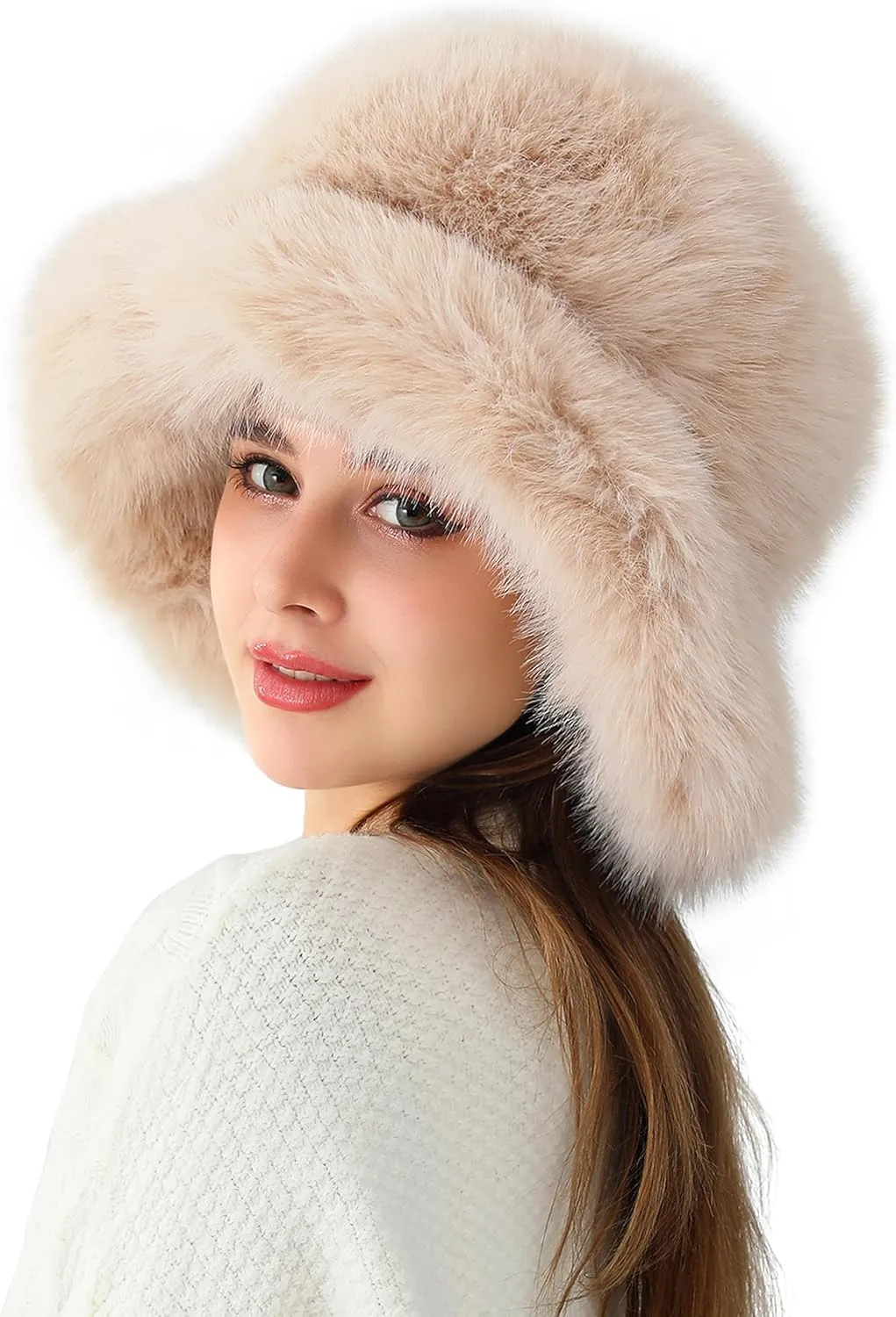 LA CARRIE Women's Fuzzy Wide Brim Faux Fur Bucket Hat Winter Warmer Fisherman Cap