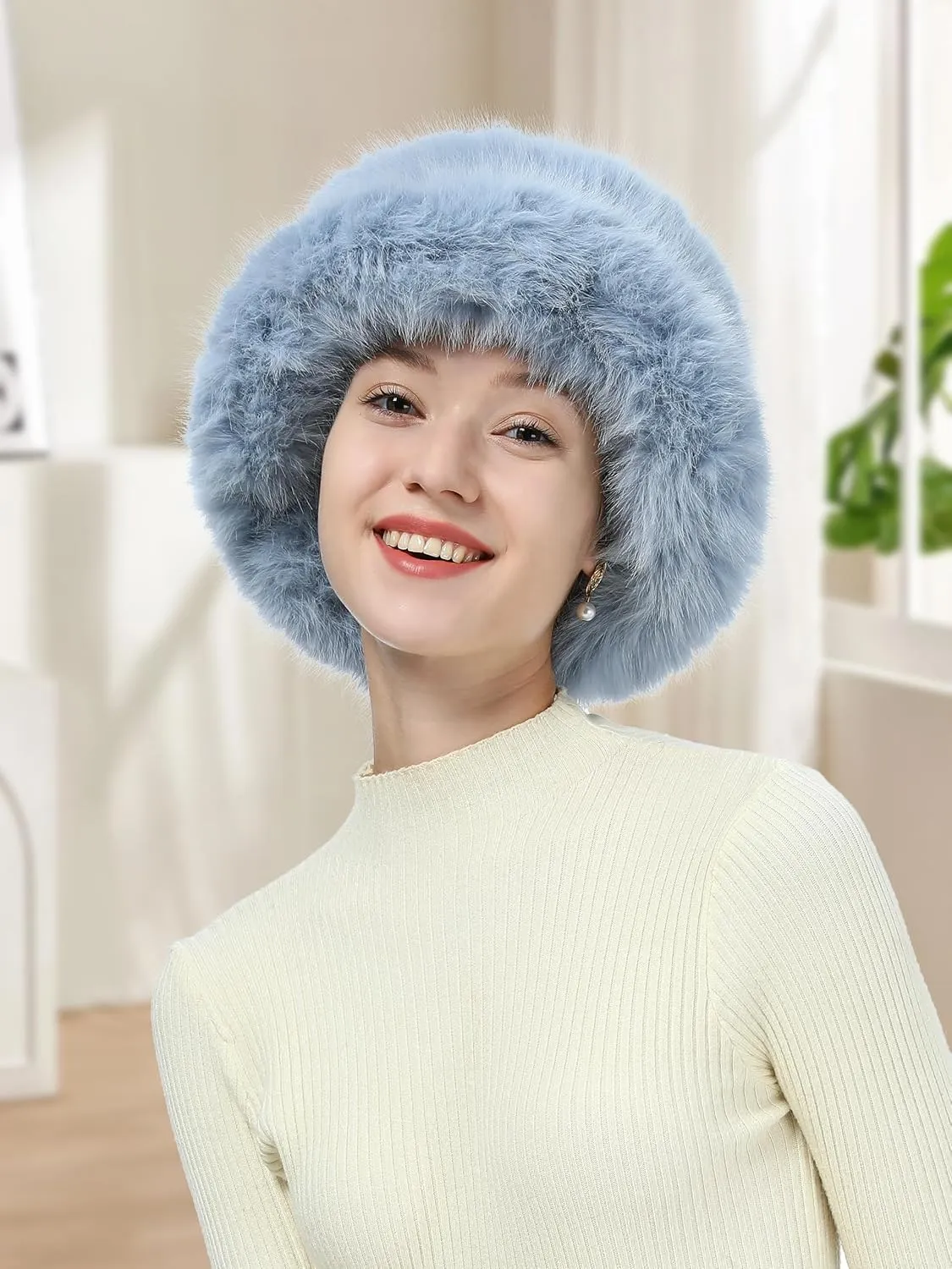LA CARRIE Women's Fuzzy Wide Brim Faux Fur Bucket Hat Winter Warmer Fisherman Cap
