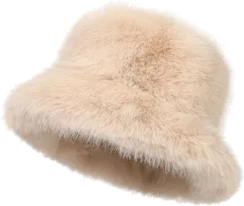 LA CARRIE Women's Fuzzy Wide Brim Faux Fur Bucket Hat Winter Warmer Fisherman Cap
