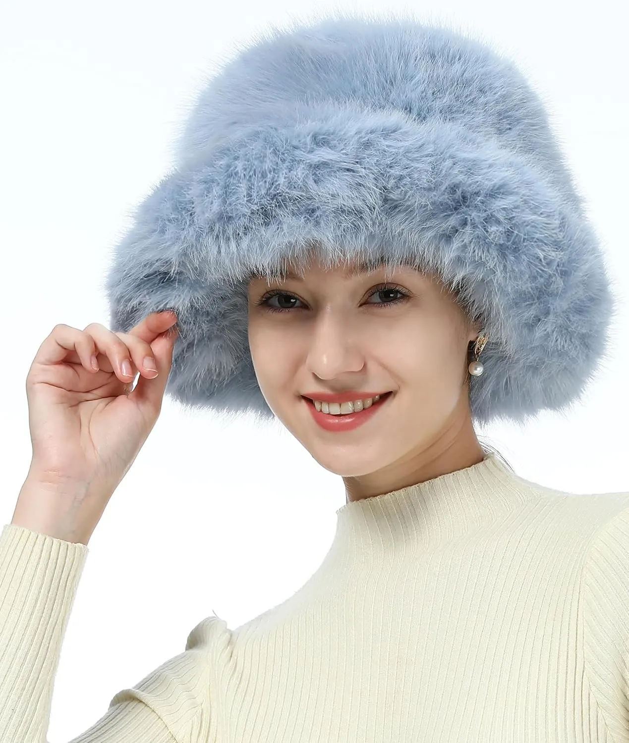 LA CARRIE Women's Fuzzy Wide Brim Faux Fur Bucket Hat Winter Warmer Fisherman Cap