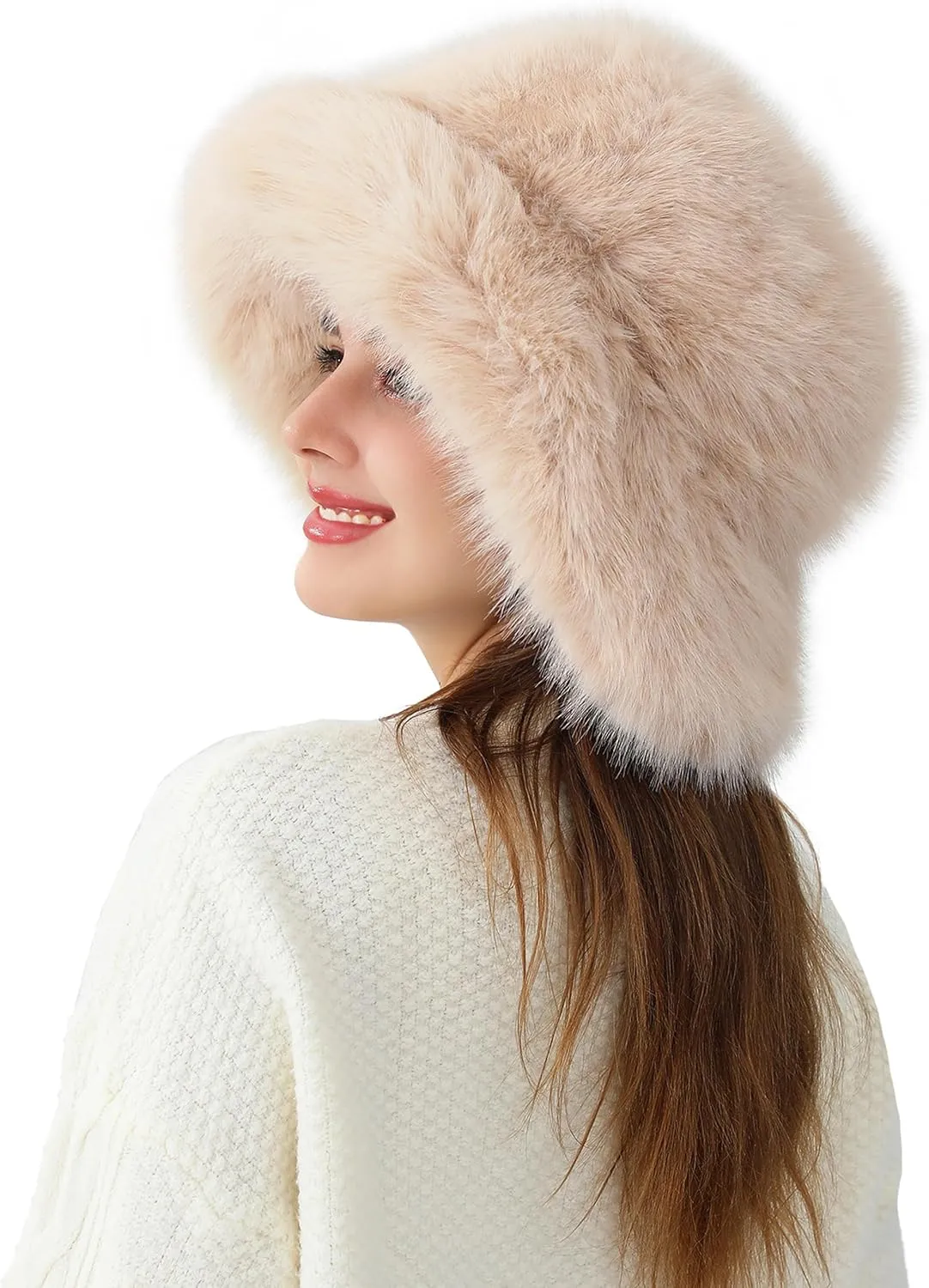 LA CARRIE Women's Fuzzy Wide Brim Faux Fur Bucket Hat Winter Warmer Fisherman Cap