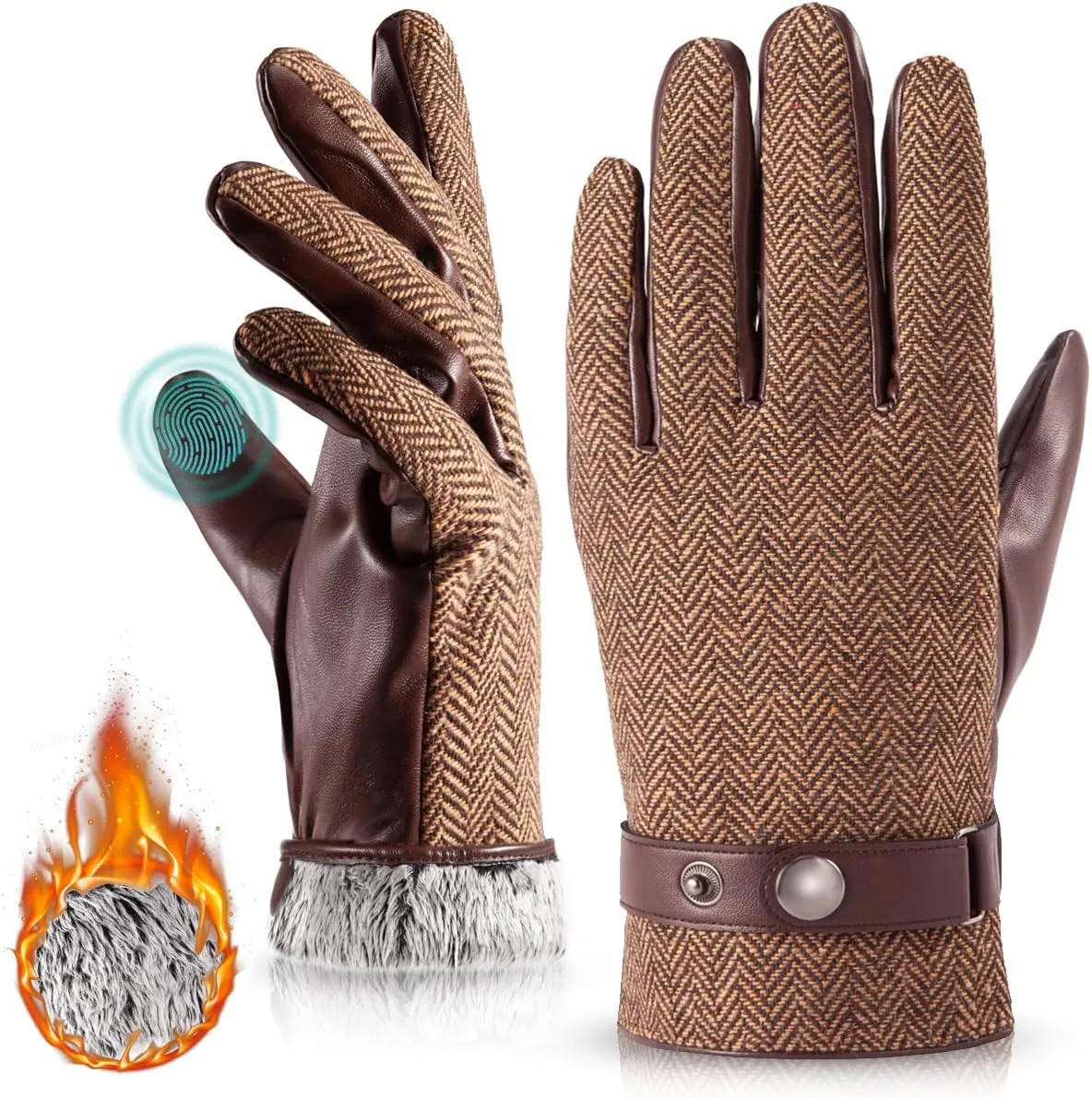 LADYBRO Herringbone Tweed Gloves for Men Touchscreen Winter Warm Lined Driving Black Brown Wool Blend Retro 1920s, S-XXL