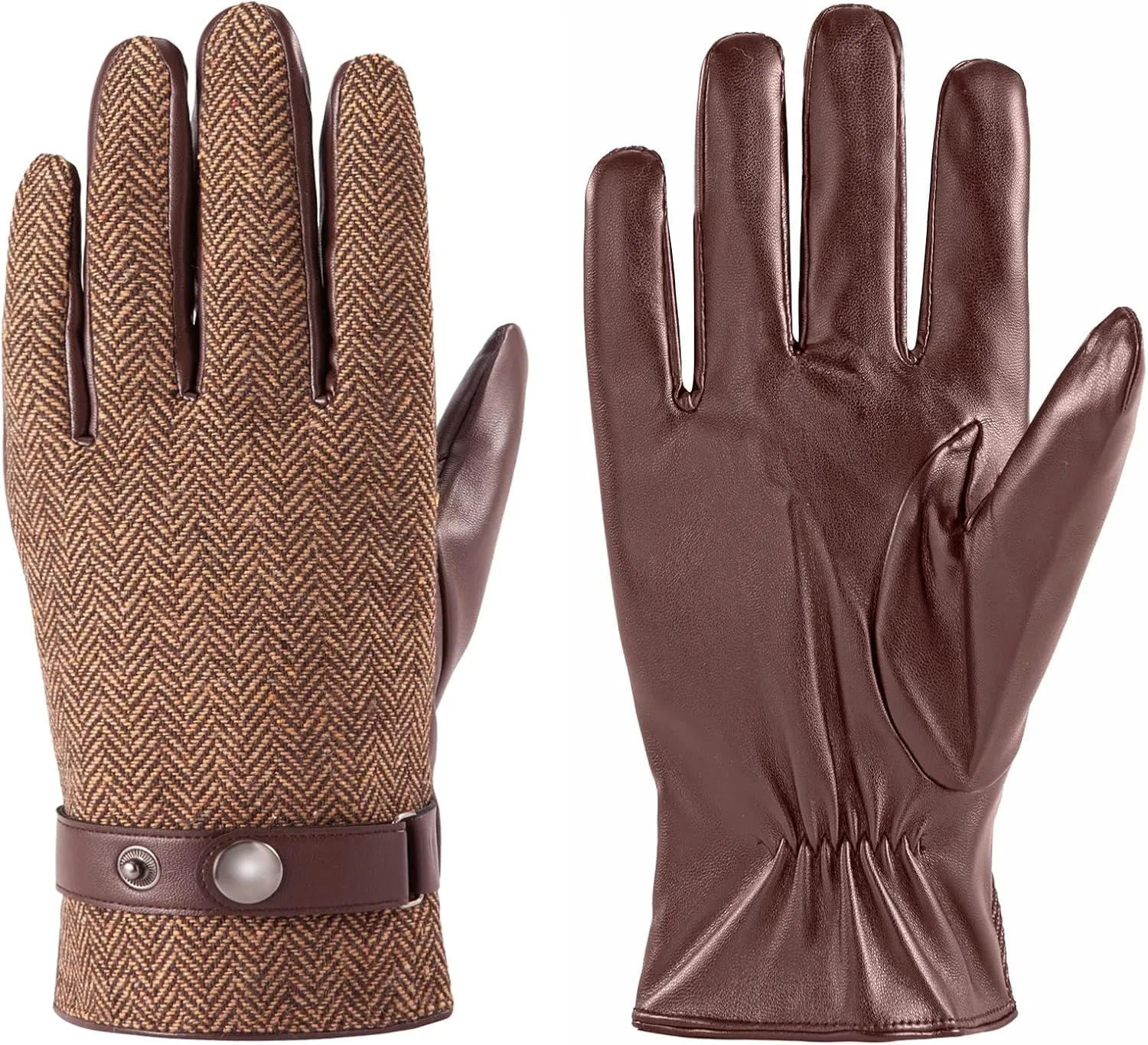 LADYBRO Herringbone Tweed Gloves for Men Touchscreen Winter Warm Lined Driving Black Brown Wool Blend Retro 1920s, S-XXL