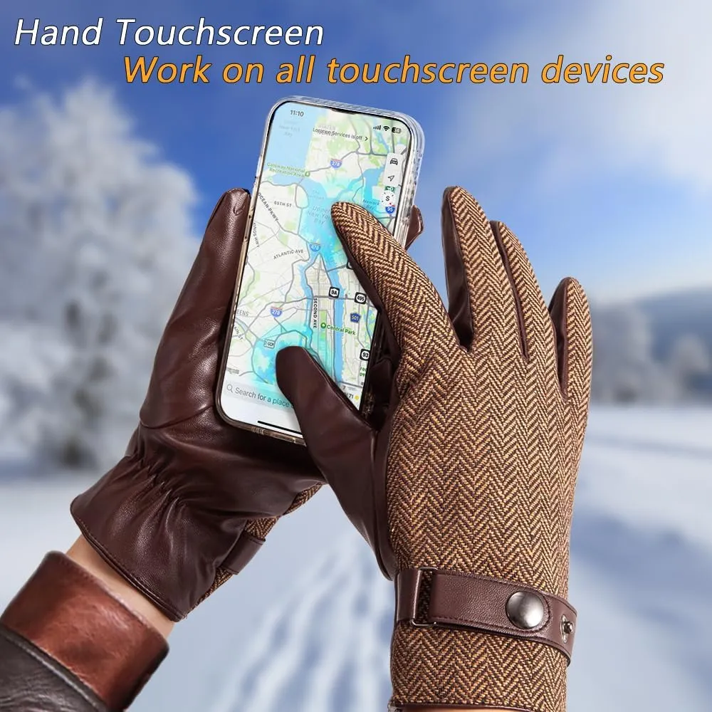 LADYBRO Herringbone Tweed Gloves for Men Touchscreen Winter Warm Lined Driving Black Brown Wool Blend Retro 1920s, S-XXL