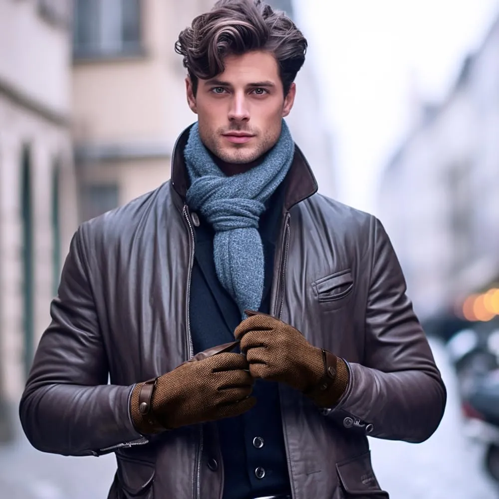 LADYBRO Herringbone Tweed Gloves for Men Touchscreen Winter Warm Lined Driving Black Brown Wool Blend Retro 1920s, S-XXL