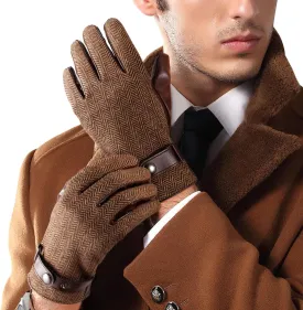 LADYBRO Herringbone Tweed Gloves for Men Touchscreen Winter Warm Lined Driving Black Brown Wool Blend Retro 1920s, S-XXL