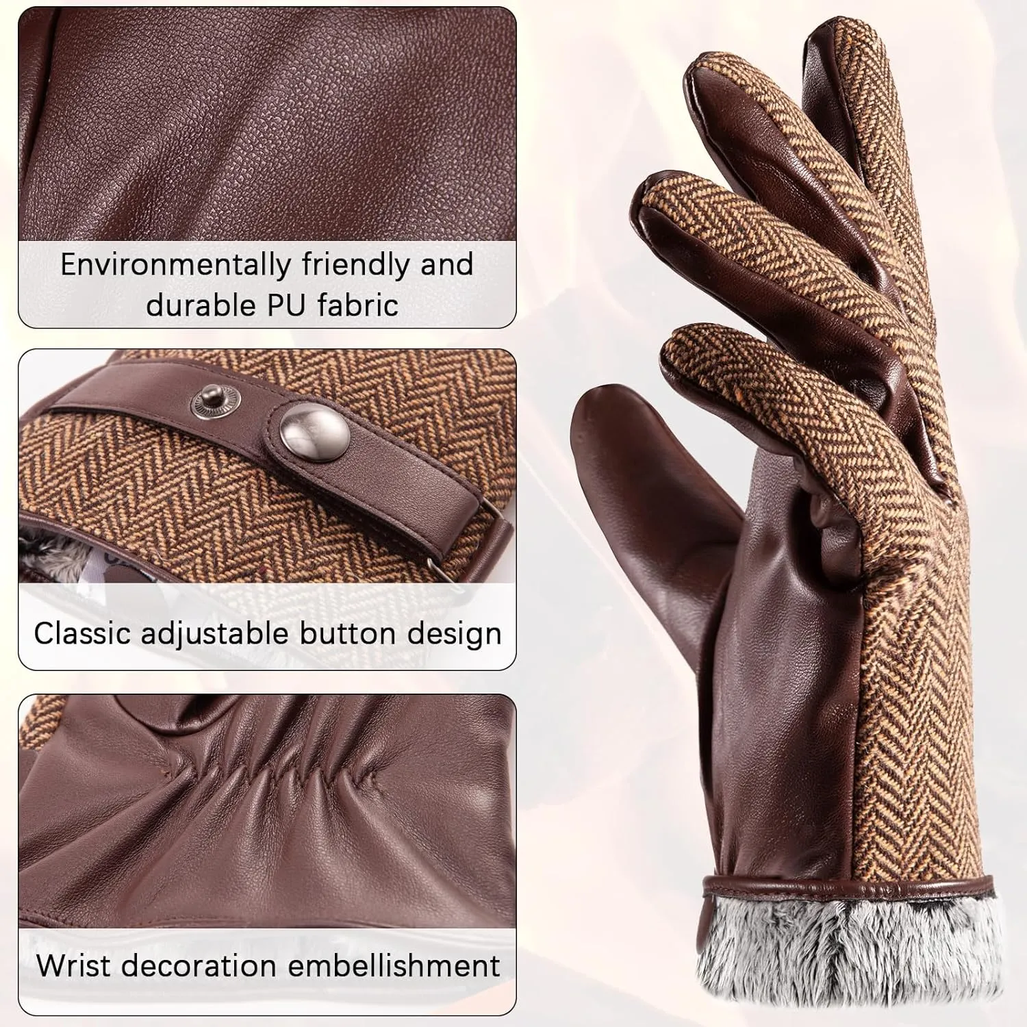 LADYBRO Herringbone Tweed Gloves for Men Touchscreen Winter Warm Lined Driving Black Brown Wool Blend Retro 1920s, S-XXL