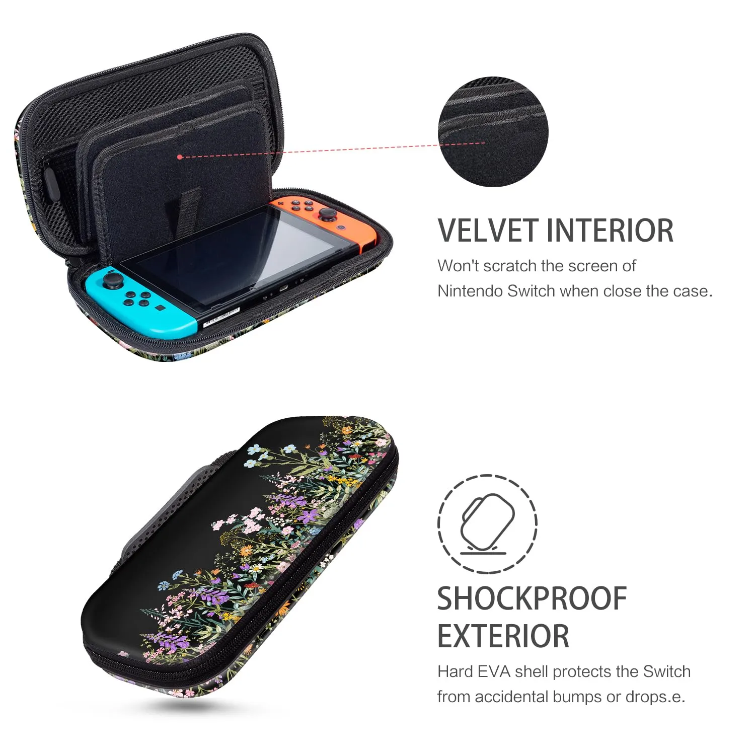Lalumix Nintendo Switch Case, Black Flower Nintendo Switch OLED Case for Girls Boys with 16 Game Card Slots Travel Storage Shockproof Protective Cover for Switch Console Joy-Con Accessories, Floral