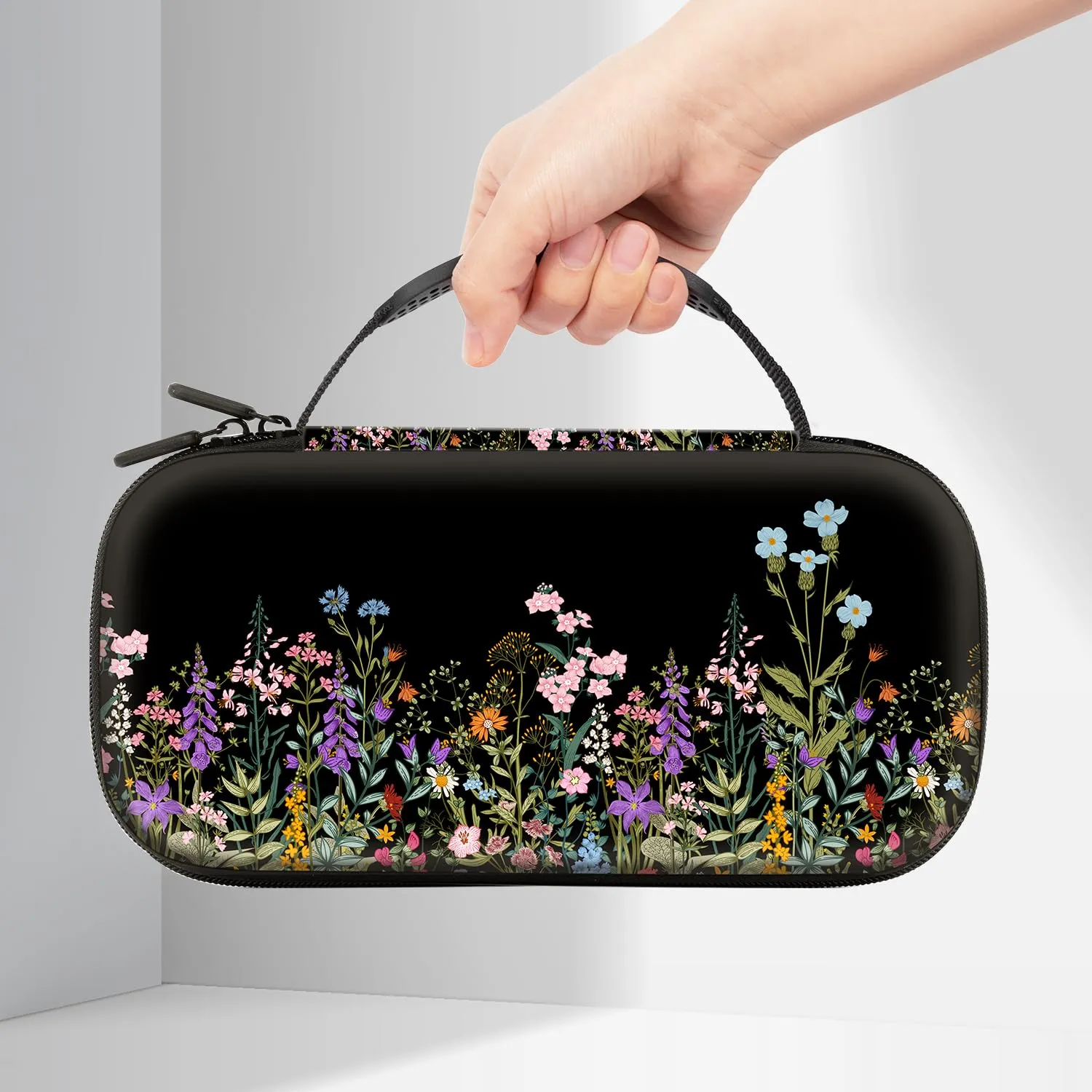 Lalumix Nintendo Switch Case, Black Flower Nintendo Switch OLED Case for Girls Boys with 16 Game Card Slots Travel Storage Shockproof Protective Cover for Switch Console Joy-Con Accessories, Floral