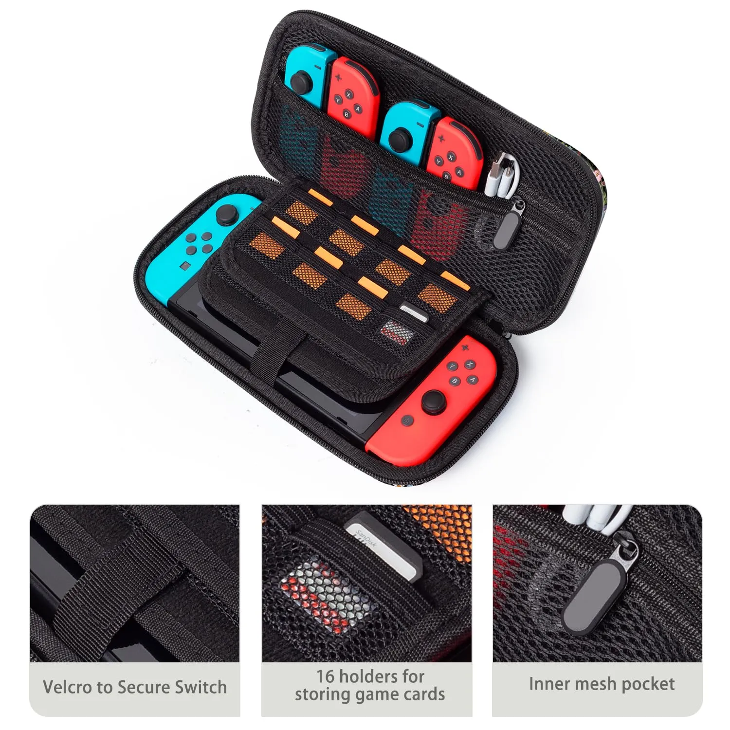 Lalumix Nintendo Switch Case, Black Flower Nintendo Switch OLED Case for Girls Boys with 16 Game Card Slots Travel Storage Shockproof Protective Cover for Switch Console Joy-Con Accessories, Floral