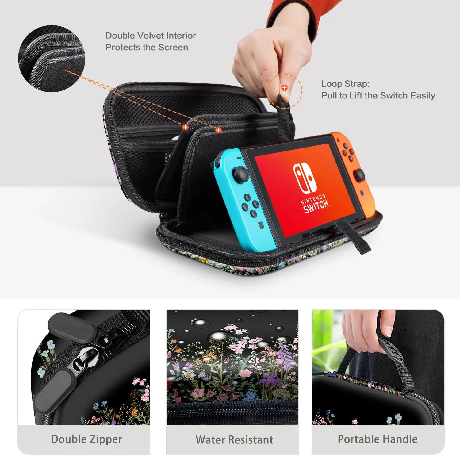 Lalumix Nintendo Switch Case, Black Flower Nintendo Switch OLED Case for Girls Boys with 16 Game Card Slots Travel Storage Shockproof Protective Cover for Switch Console Joy-Con Accessories, Floral