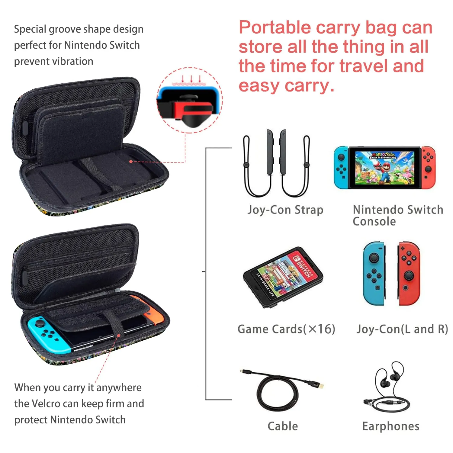 Lalumix Nintendo Switch Case, Black Flower Nintendo Switch OLED Case for Girls Boys with 16 Game Card Slots Travel Storage Shockproof Protective Cover for Switch Console Joy-Con Accessories, Floral