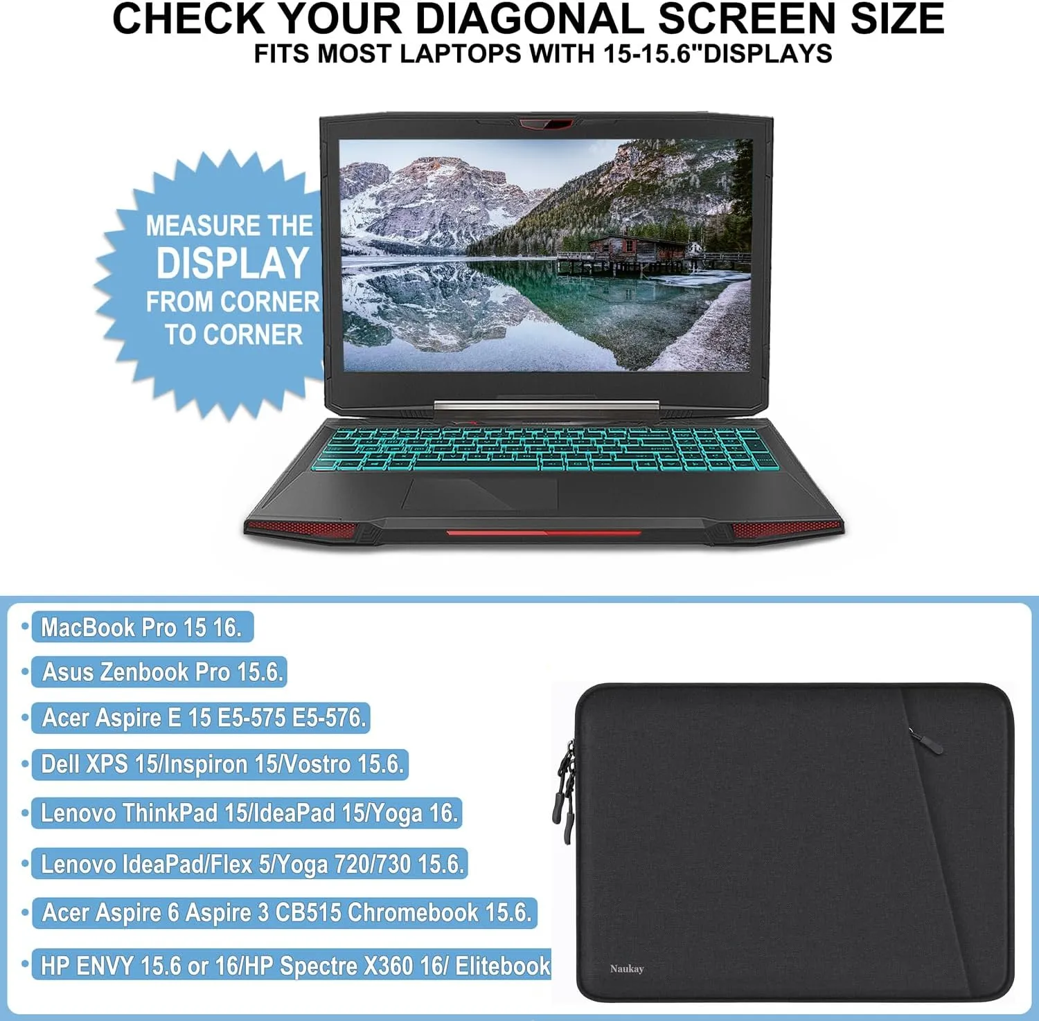 Laptop Case 15.6 inch, Shockproof Protective Computer Sleeve Cover with Accessories Pocket, Water Resistant Traveling Carrying Laptop Bag Compatible for MacBook Dell HP Acer Asus Lenovo, Black