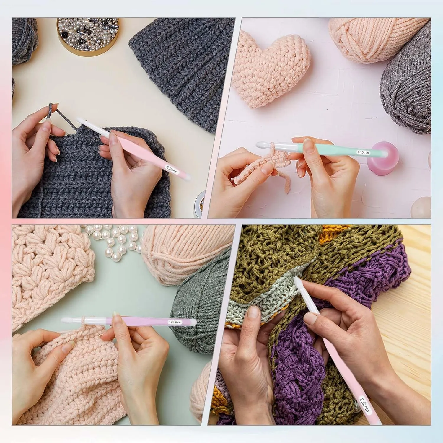Large Size Crochet with Ergonomiv Handle, 8mm 10mm 12mm 15mm 20mm Long Rubber Handle Crochet Hook, Knitting Giant Crochet Hooks for Chunky Yarn, Scarf, DIY, Wool Products