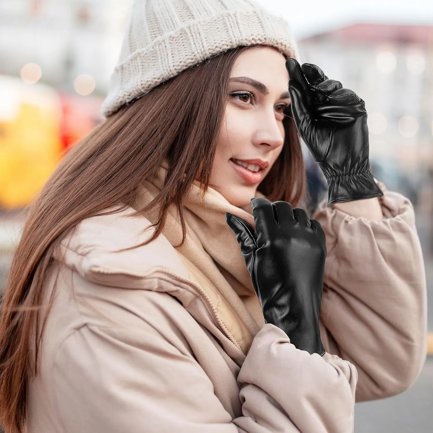 Leather Gloves for Women 2 Pack, Womens Gloves for Cold Weather Wool Lined, Winter Gloves Women Touchscreen Driving