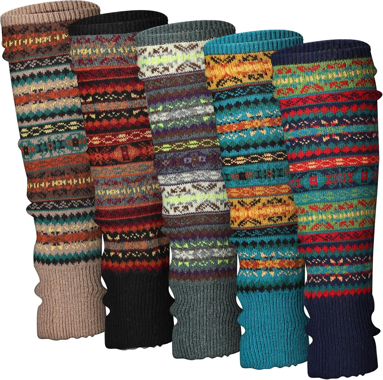 Liitrsh 5 Pairs Boho Long Leg Warmers for Women Winter Christmas Wool Bohemian Leg Warmers with Crochet Flowers