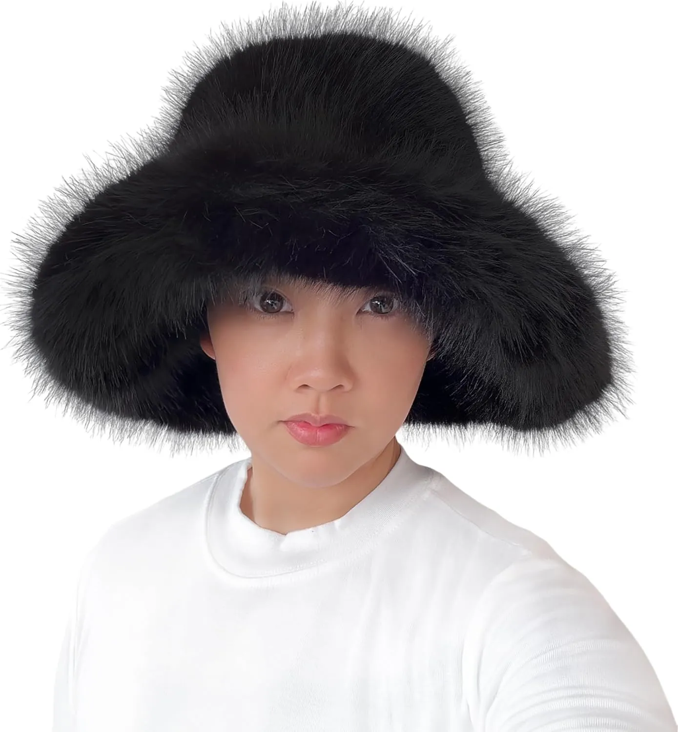 Lina & Lily Oversized Winter Faux Fur Bucket Hat for Women - Long Pile Fur Wide Moldable Brim