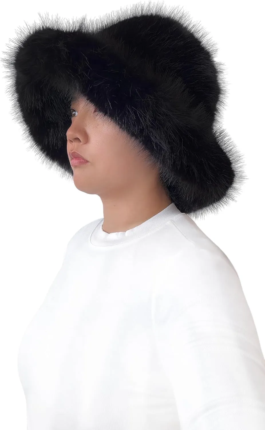 Lina & Lily Oversized Winter Faux Fur Bucket Hat for Women - Long Pile Fur Wide Moldable Brim