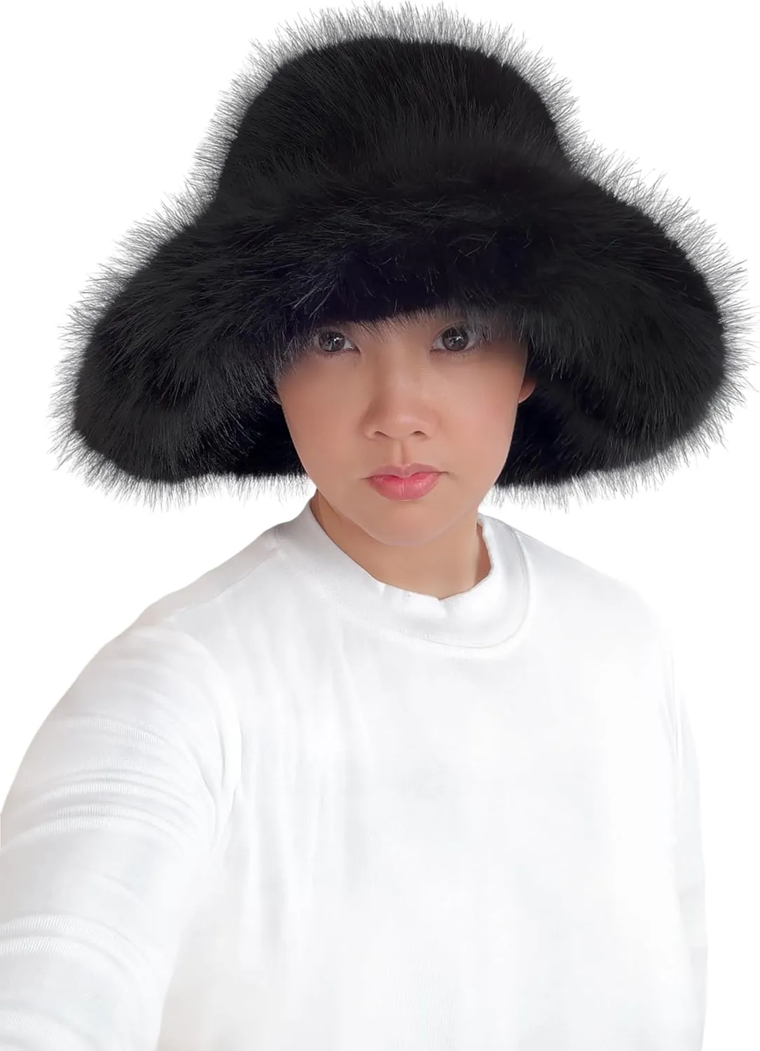 Lina & Lily Oversized Winter Faux Fur Bucket Hat for Women - Long Pile Fur Wide Moldable Brim