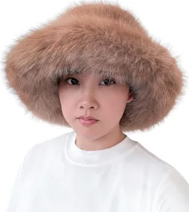 Lina & Lily Oversized Winter Faux Fur Bucket Hat for Women - Long Pile Fur Wide Moldable Brim