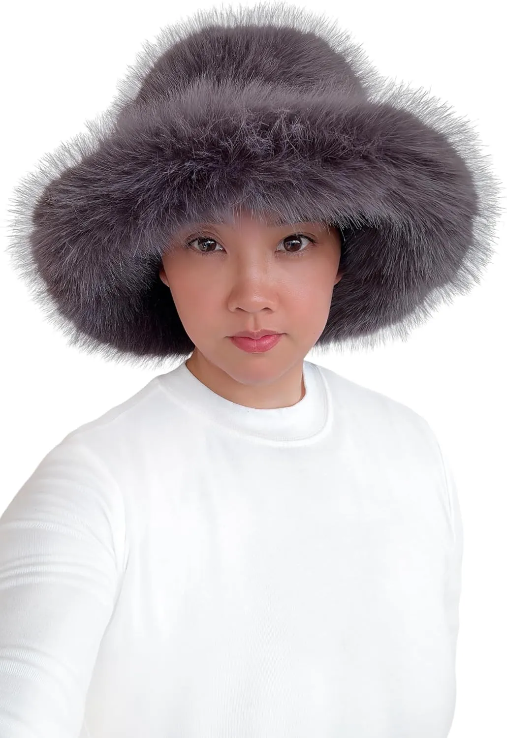 Lina & Lily Oversized Winter Faux Fur Bucket Hat for Women - Long Pile Fur Wide Moldable Brim