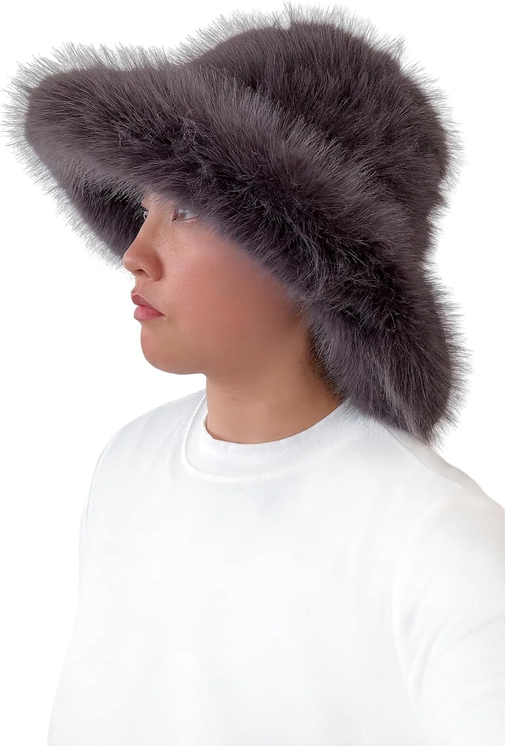 Lina & Lily Oversized Winter Faux Fur Bucket Hat for Women - Long Pile Fur Wide Moldable Brim