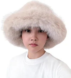 Lina & Lily Oversized Winter Faux Fur Bucket Hat for Women - Long Pile Fur Wide Moldable Brim