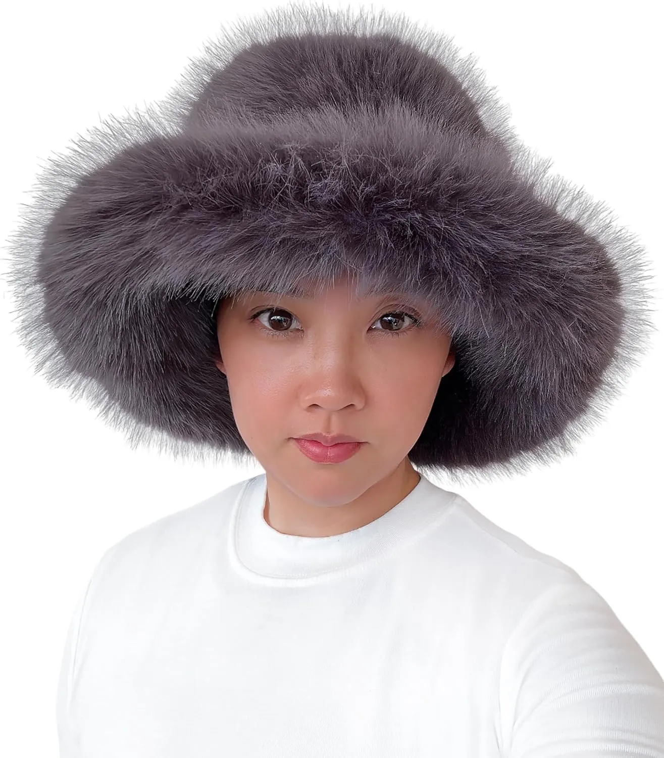 Lina & Lily Oversized Winter Faux Fur Bucket Hat for Women - Long Pile Fur Wide Moldable Brim